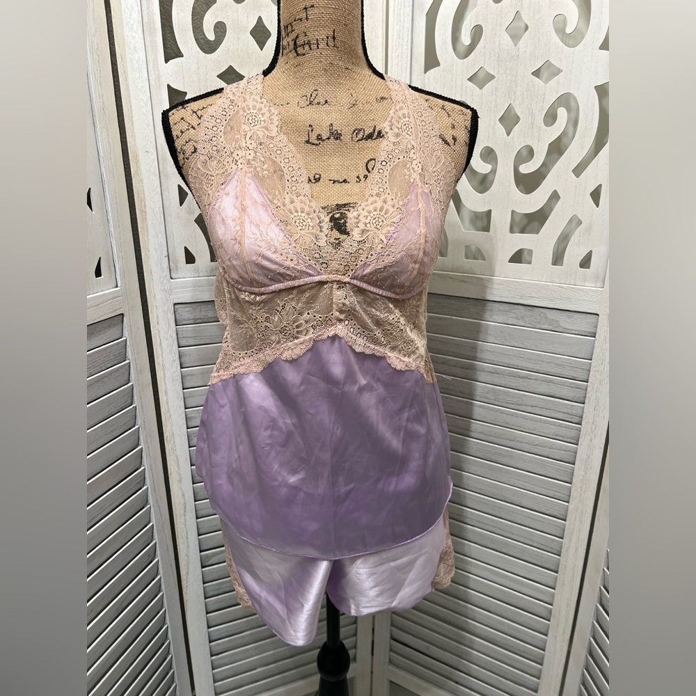 Fredericks Of Hollywood Lattice Lacing Satin PJ Short Set